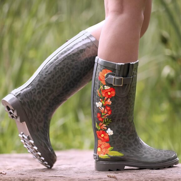 Women's Red Flowers Yellow Waterproof Tall Knee High Rubber landchief Rain Boot - Picture 2 of 6